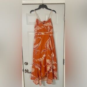 Band of the Free Orange Floral Faux Wrap Dress size Small Colorful Ruffle Hem